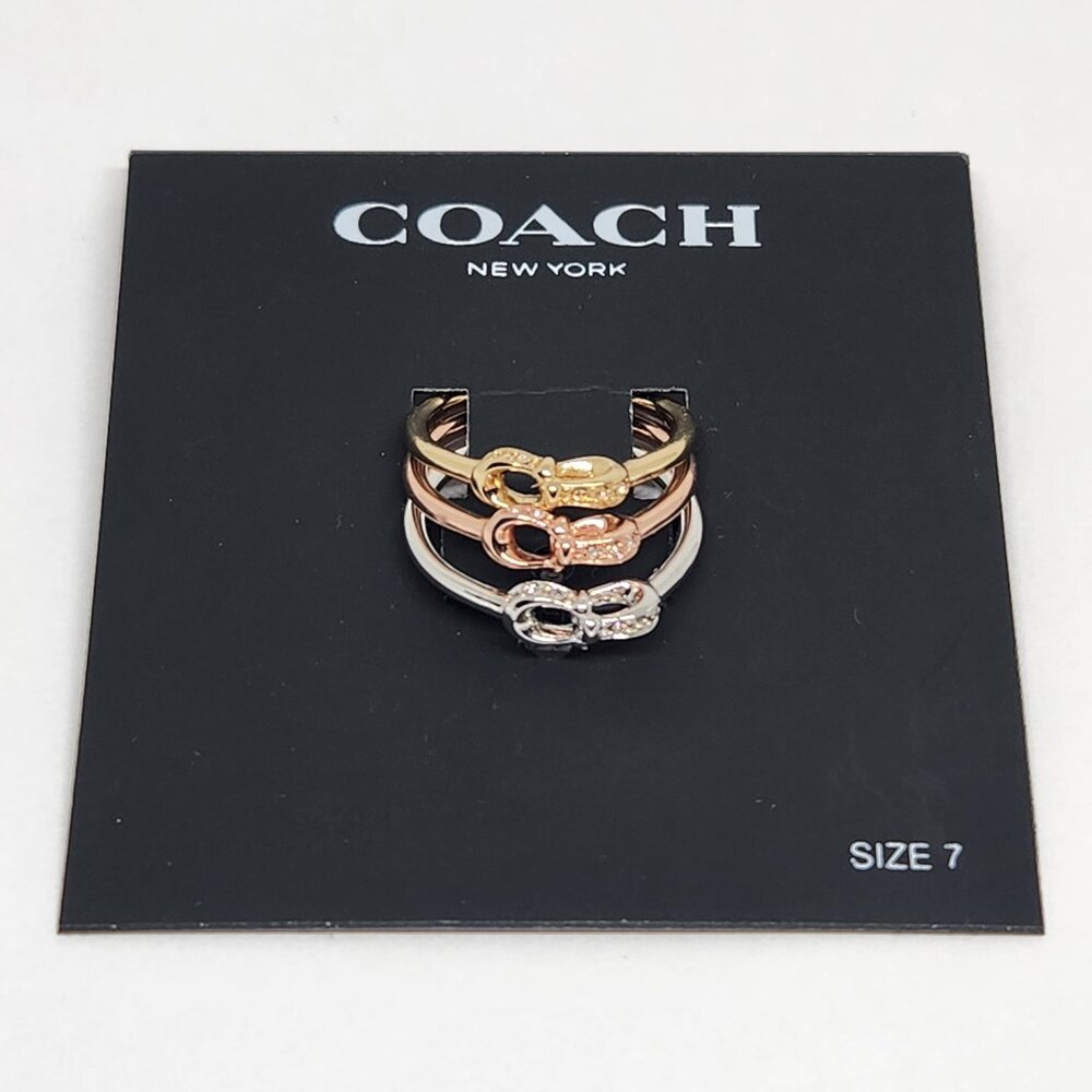 COACH Signature Pave Stackable 3 Ring Set Gold, Rose Gold, Silver - Size 7 NEW